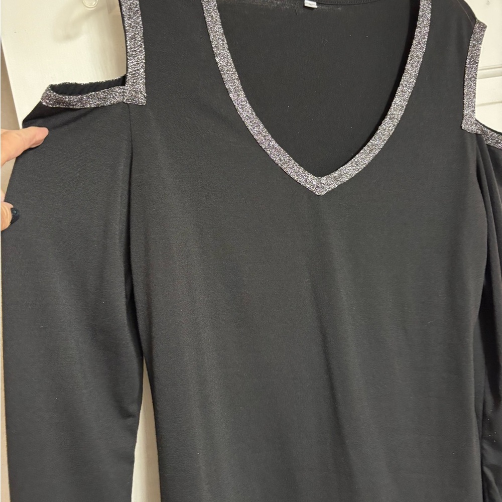 Black Cold Shoulder Top with Silver Accents